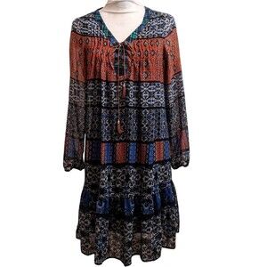 Bohemian Multicolor Long Sleeve Lined Loose Dress Size Small